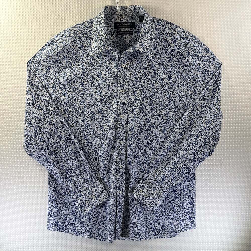 Nick Graham Men's Stretch Modern Fit Micro Floral Print Dress Shirt Blue/White - Picture 2 of 7